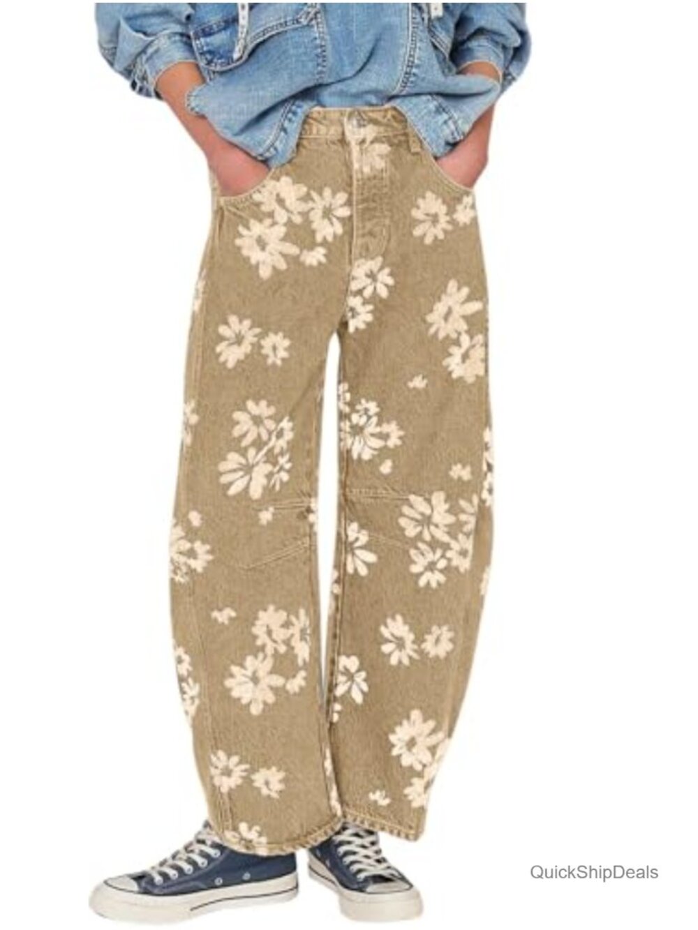 Y2K Distressed Barrel Jeans Wide Leg Baggy Patchwork Floral Denim Pants